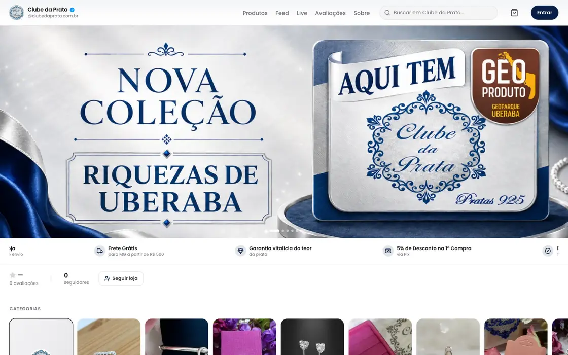 Página inicial da loja Clube da Prata no computador