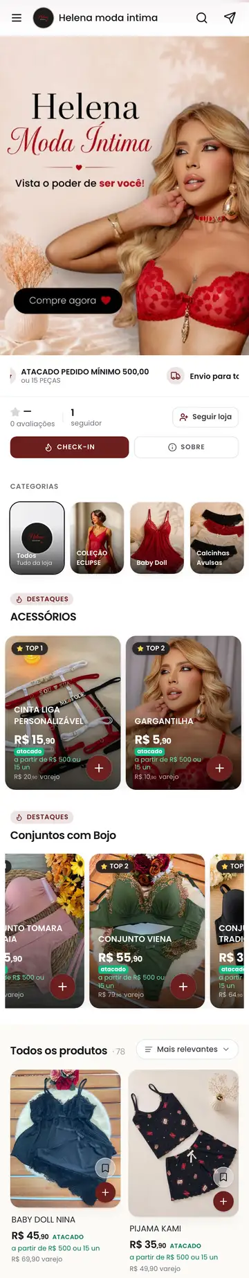 Loja Helena Moda Íntima aberta no celular, com a vitrine e os produtos