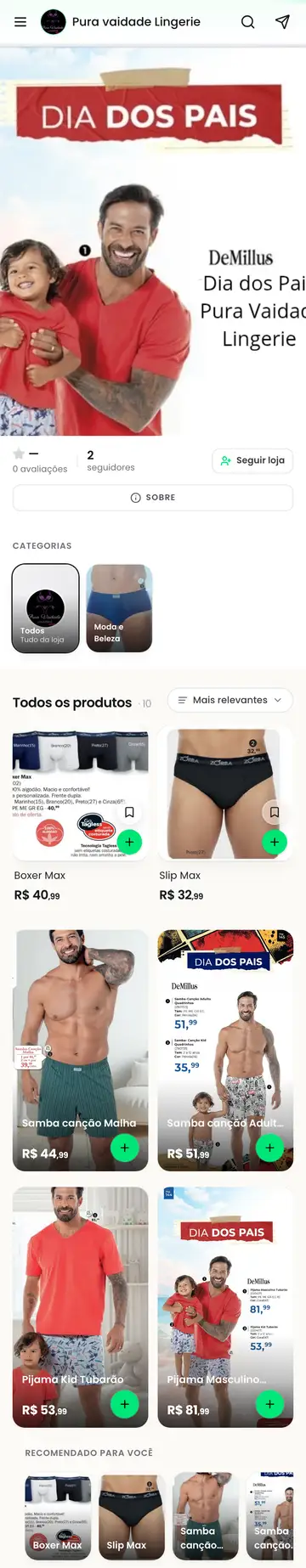 Loja Pura Vaidade Lingerie aberta no celular, com a vitrine e os produtos