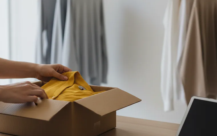 Mãos tirando uma blusa amarela de uma caixa de reposição no balcão de uma loja de roupas