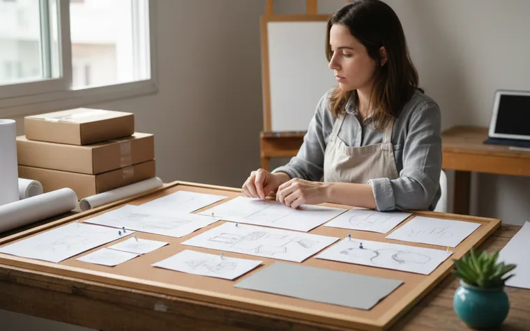 Mesa com um quadro de cortiça cheio de papéis coloridos em branco presos com alfinetes