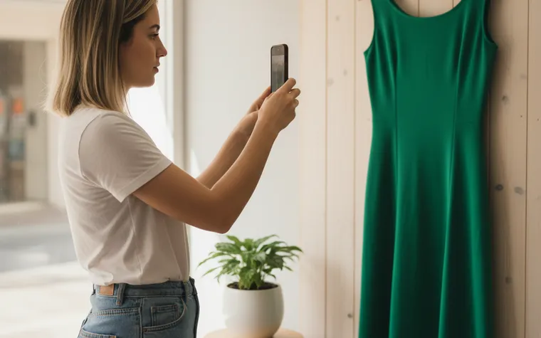 Lojista fotografando com o celular um vestido verde pendurado na parede de madeira da loja