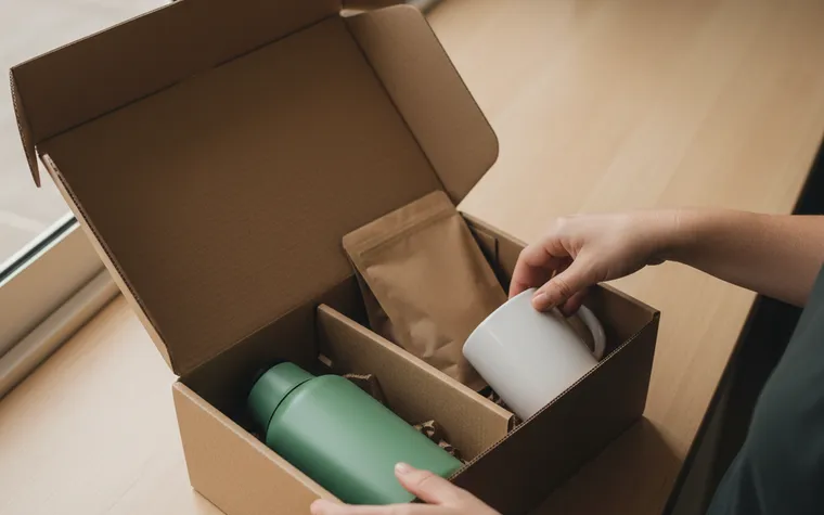 Mãos acomodando uma garrafa térmica, uma caneca e um pacote de café na mesma caixa de envio