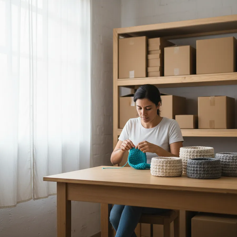 Artesã fazendo crochê com linha azul ao lado de cestinhos prontos, perto da janela