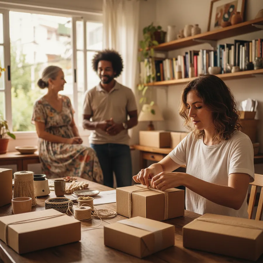 Artesã embalando um pedido personalizado na mesa do ateliê montado na sala de casa, com caixas e fita ao redor